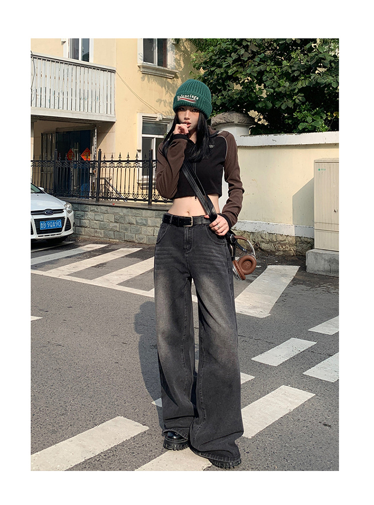 Women's Faded Black and Gray Denim Pants High-Waisted Loose Floor-Length Wide-Leg Trousers