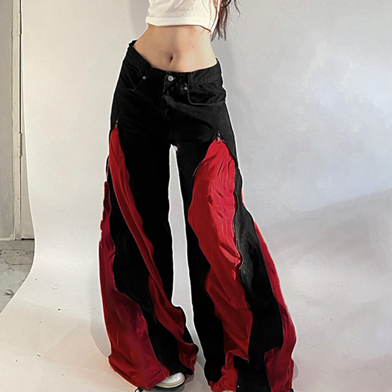 Zipper splicing contrasting color personalized casual pants