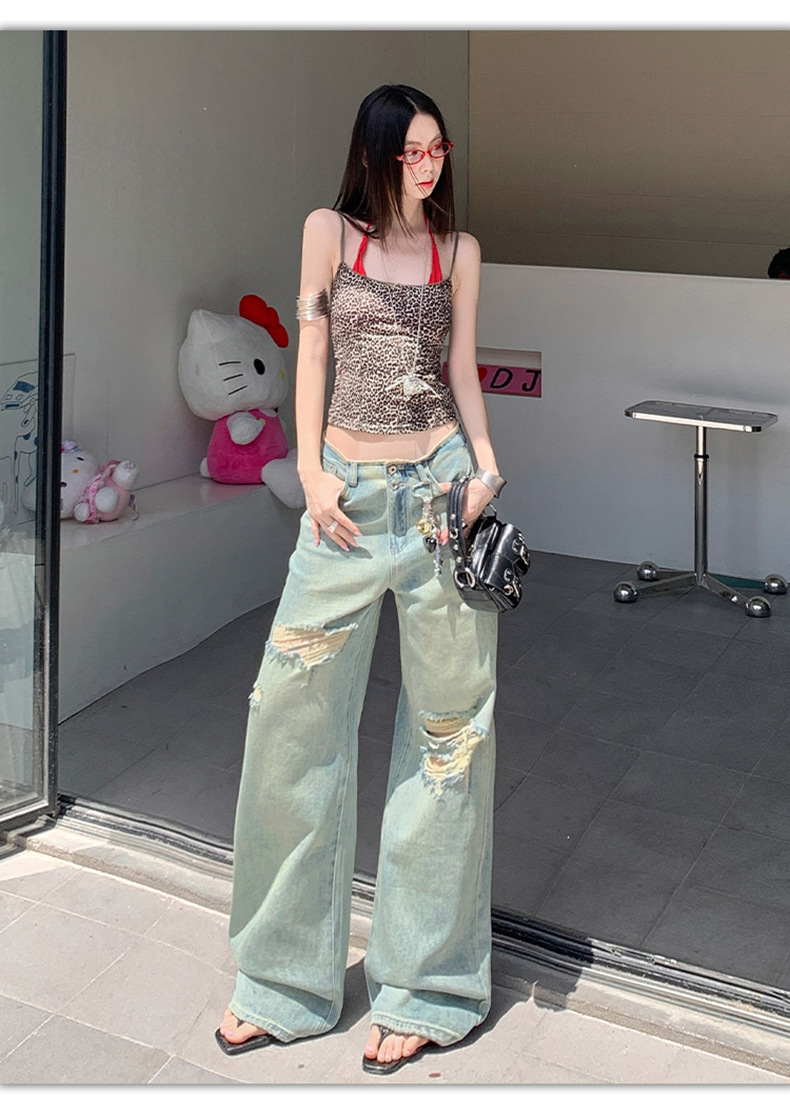 Women's Thin Straight Hole Jeans High Waist Slim Narrow Leg Wide Leg Pants