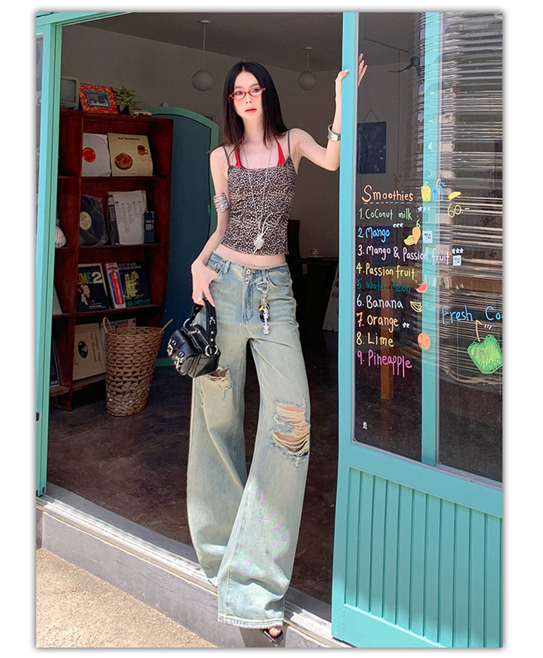 Women's Thin Straight Hole Jeans High Waist Slim Narrow Leg Wide Leg Pants
