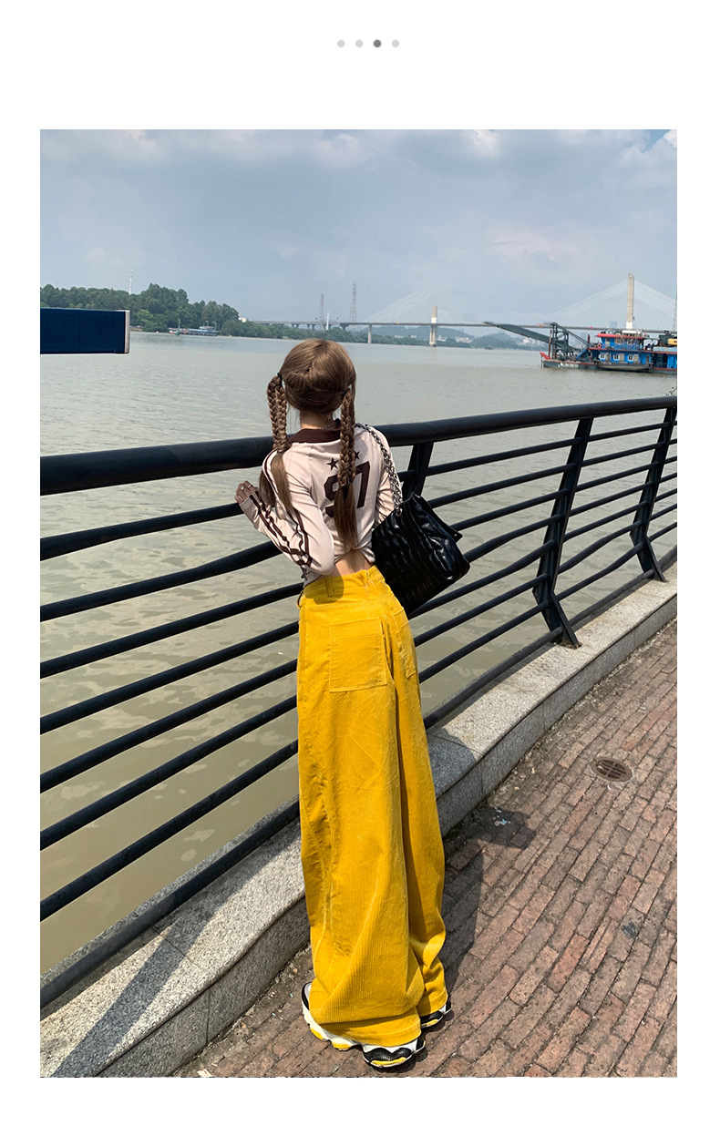 Women's Yellow Casual Pants Loose Wide Leg High Waist Corduroy Sweatpants