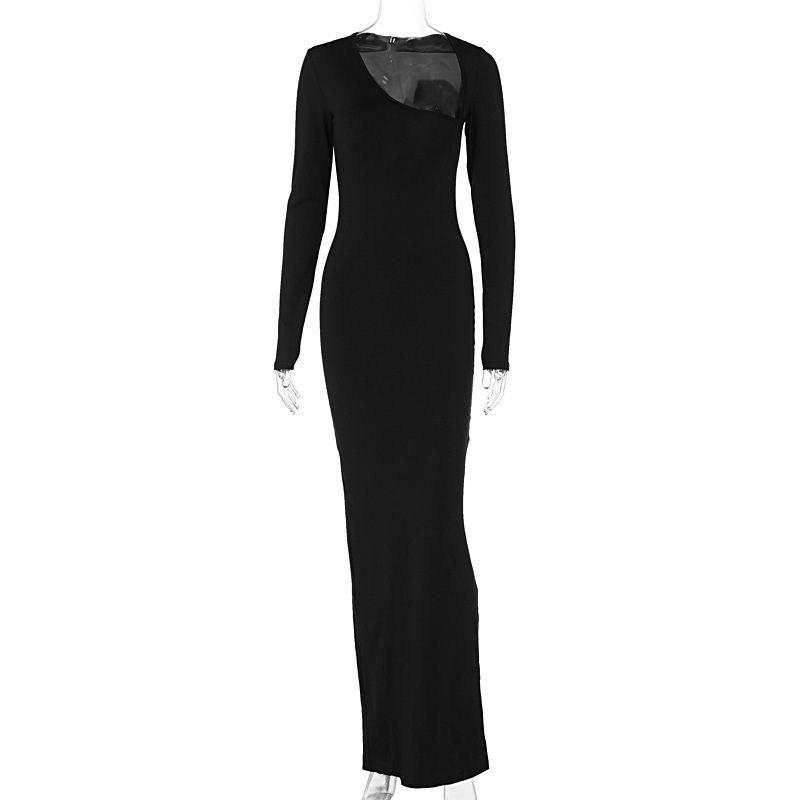 Full Sleeve Asymmetric Neck Straight Rear Slit Dress
