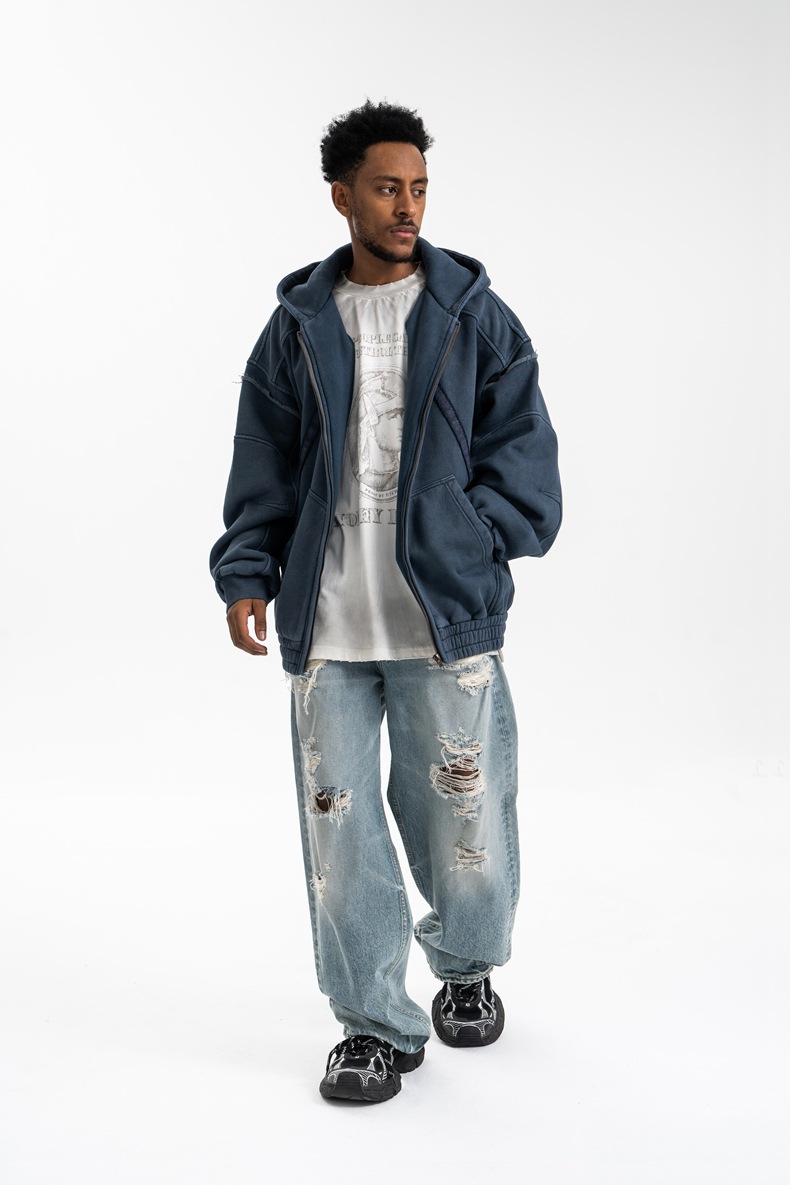 Utility Distressed Cotton Insulated Full-Zipper Embroidery Hoodie