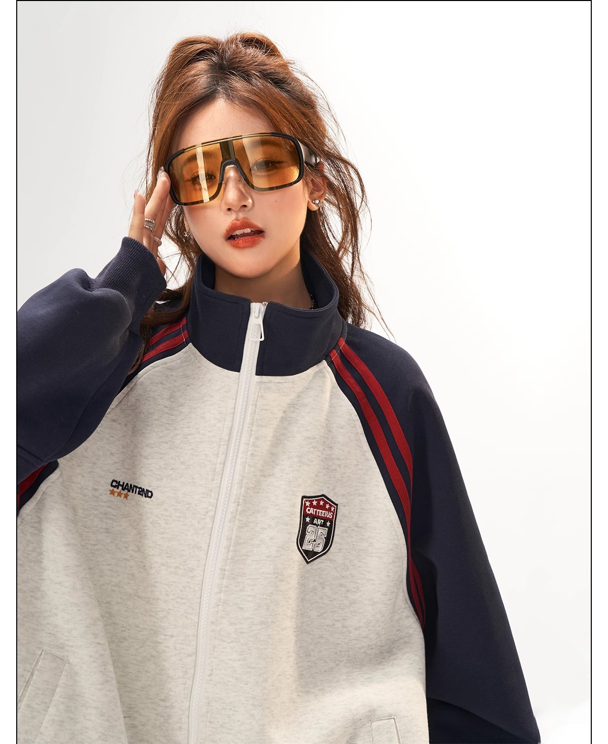 Retro Jacket for Women, High-End Patchwork Raglan Sleeve Hoodie Cardigan, Versatile Stand-Up Collar Top