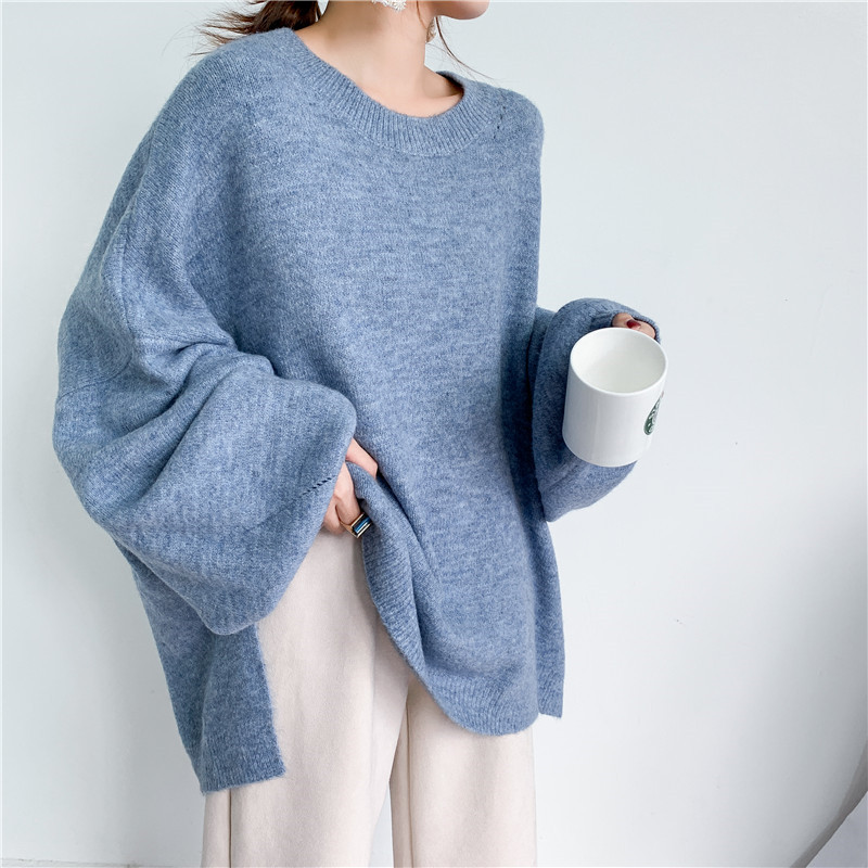 Navy Oversized Crew Collar Balloon Cuff Knit Jumper