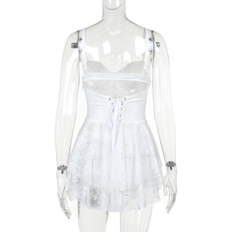 Strap Dress with Lace and Ruffle Design A-Line Dress