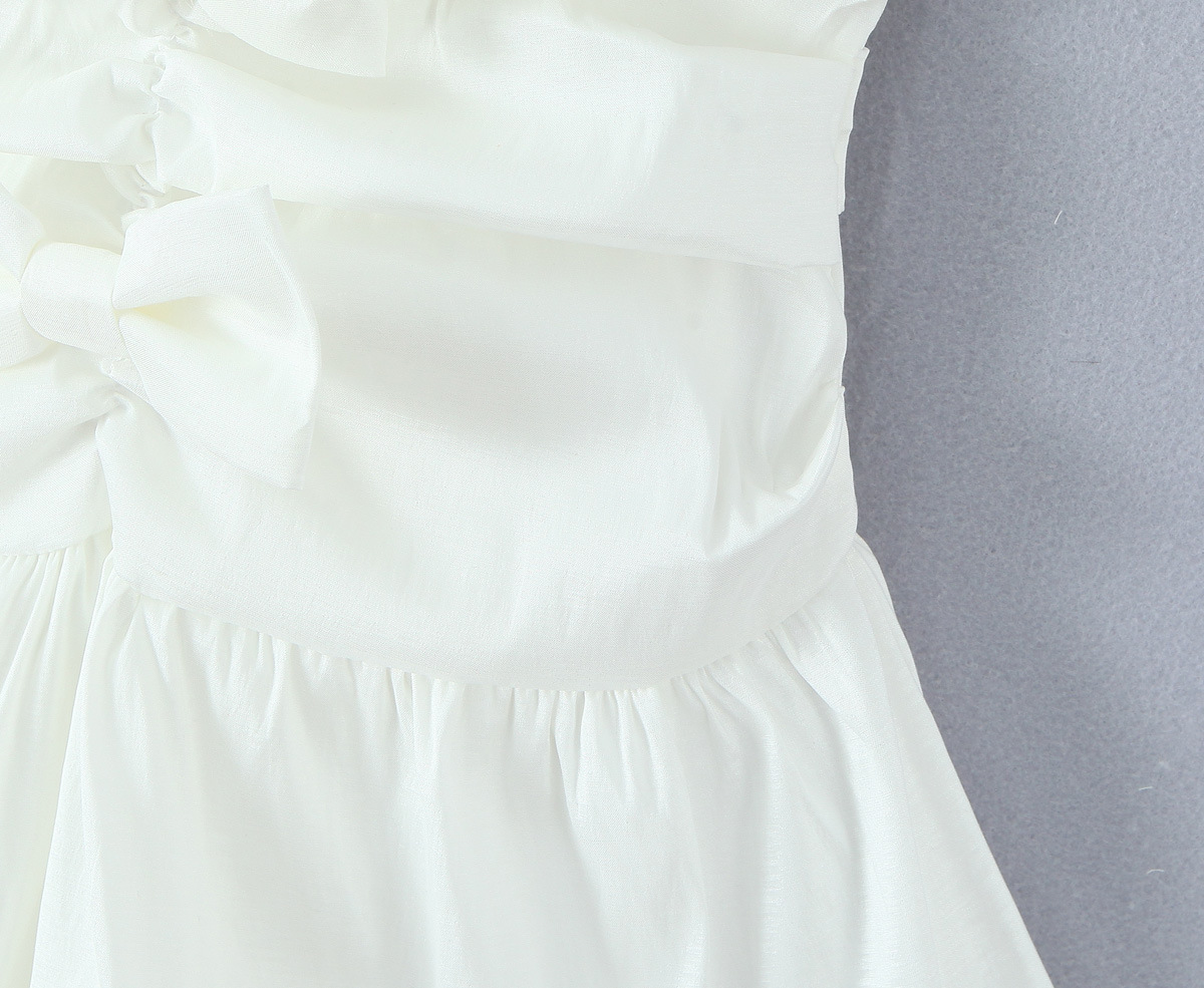 White Bow Layered Dress with Ruched Silhouette and Strapless Design