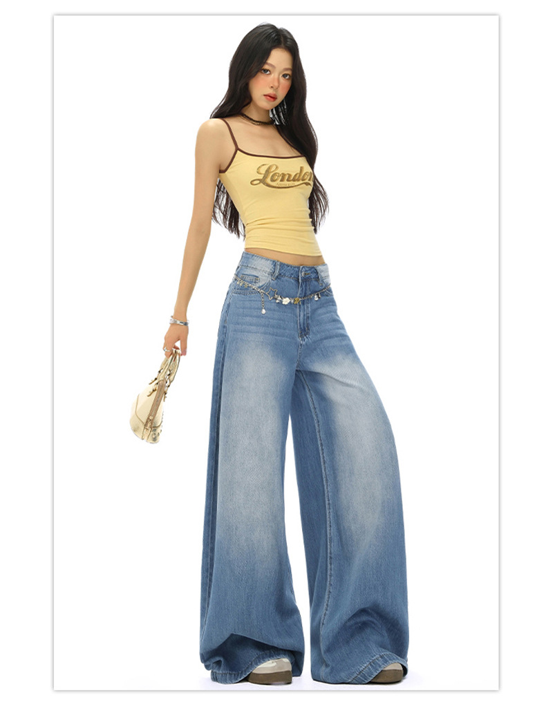 Light Blue High-Waisted Loose Fit Wide-Leg Jeans for Women, Casual Floor-Length Straight Leg Pants