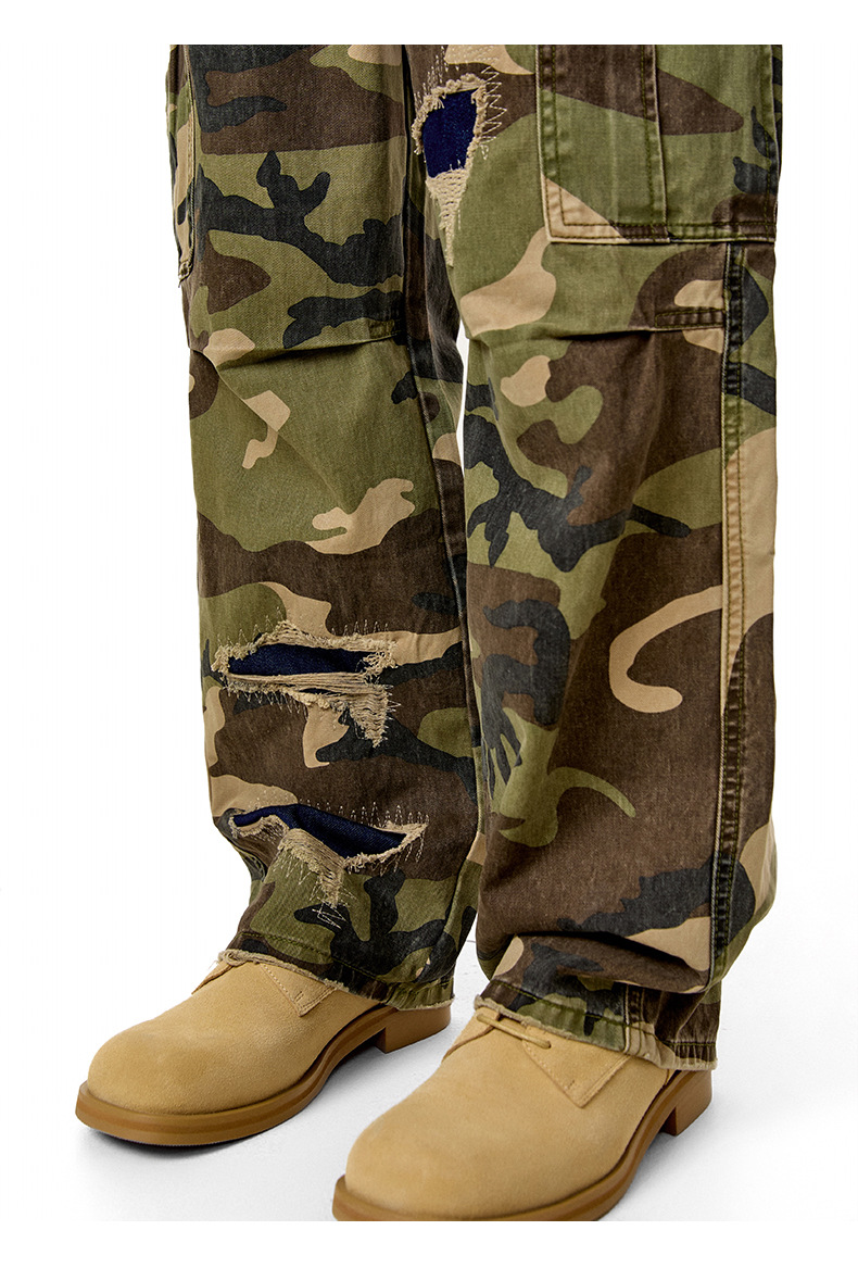 Camouflage Casual Pants with Ripped Patches Loose Straight Leg Trousers with Pockets