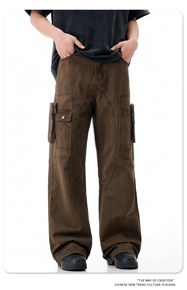 High Street Vibe Flared Loose Multi-Pocket Distressed Straight Casual Long Pants