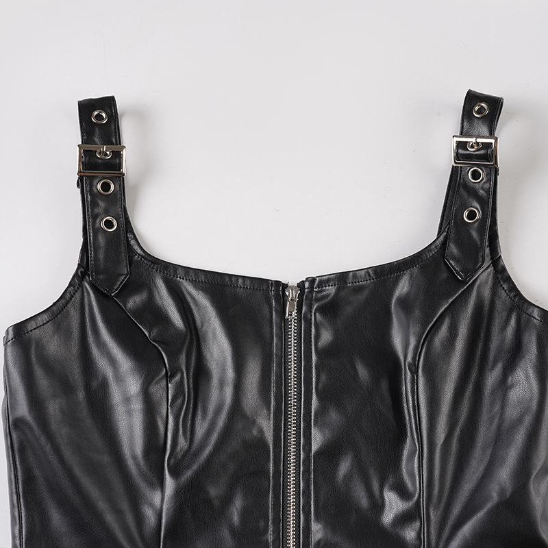 Zip-Front Moto Lambskin Tank Top