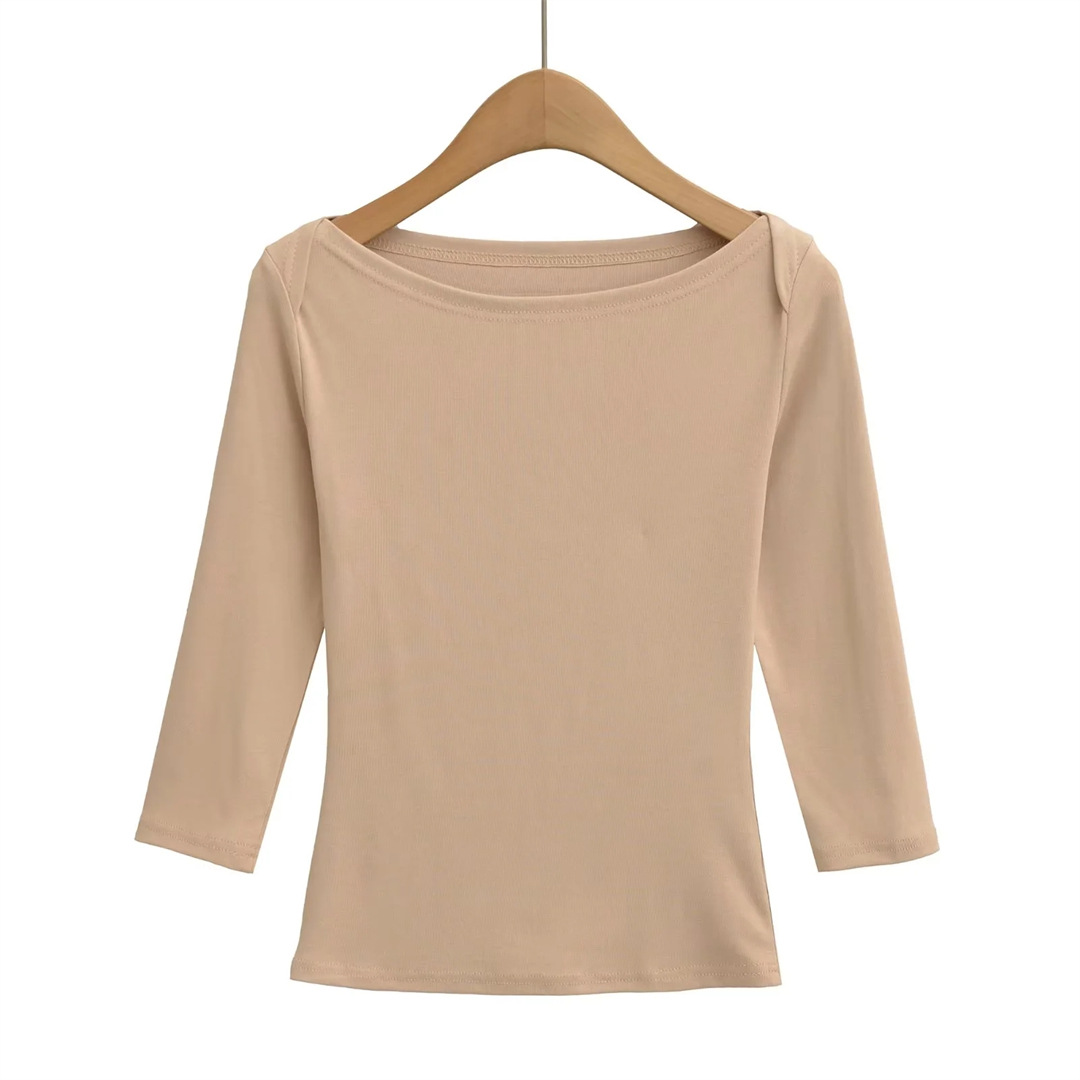 Slim Fit Plain Asymmetric Neck Elbow-Length Midriff Tee