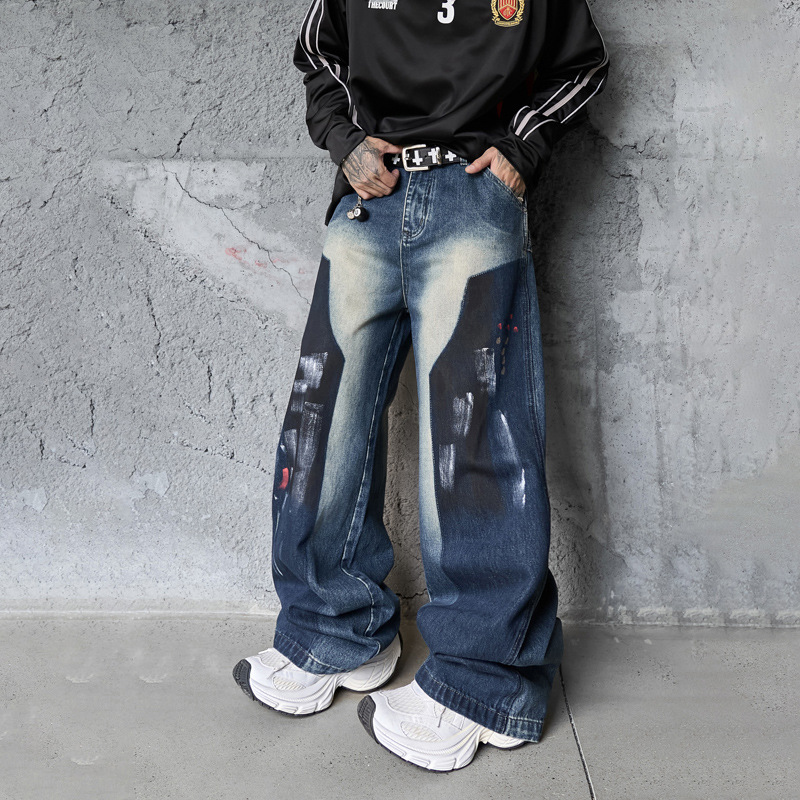 Hip-hop Style Dyed Graffiti Denim Pants for Men and Women, High Street Fashion, Straight Leg, Loose Fit, Casual Long Pants
