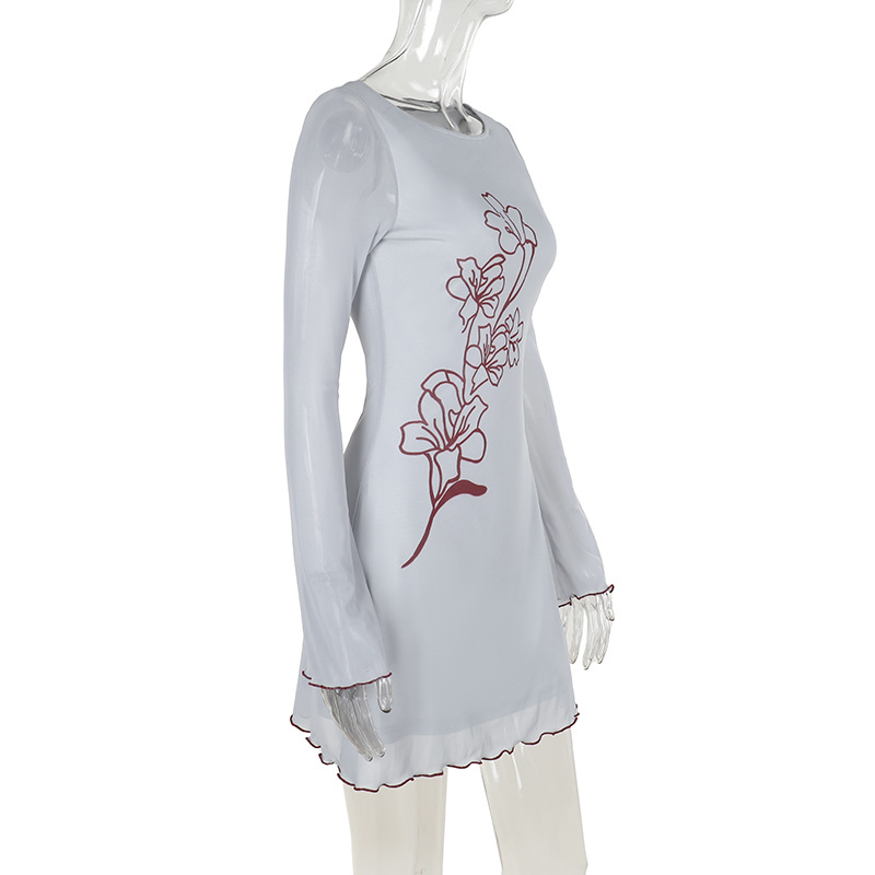 Crewneck Mid-Waist Polyester Patterned Full Sleeve Short Dress