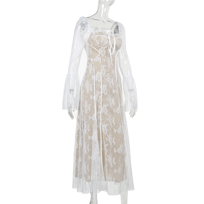 Square Neck Long Sleeve Polyester Maxi Dress