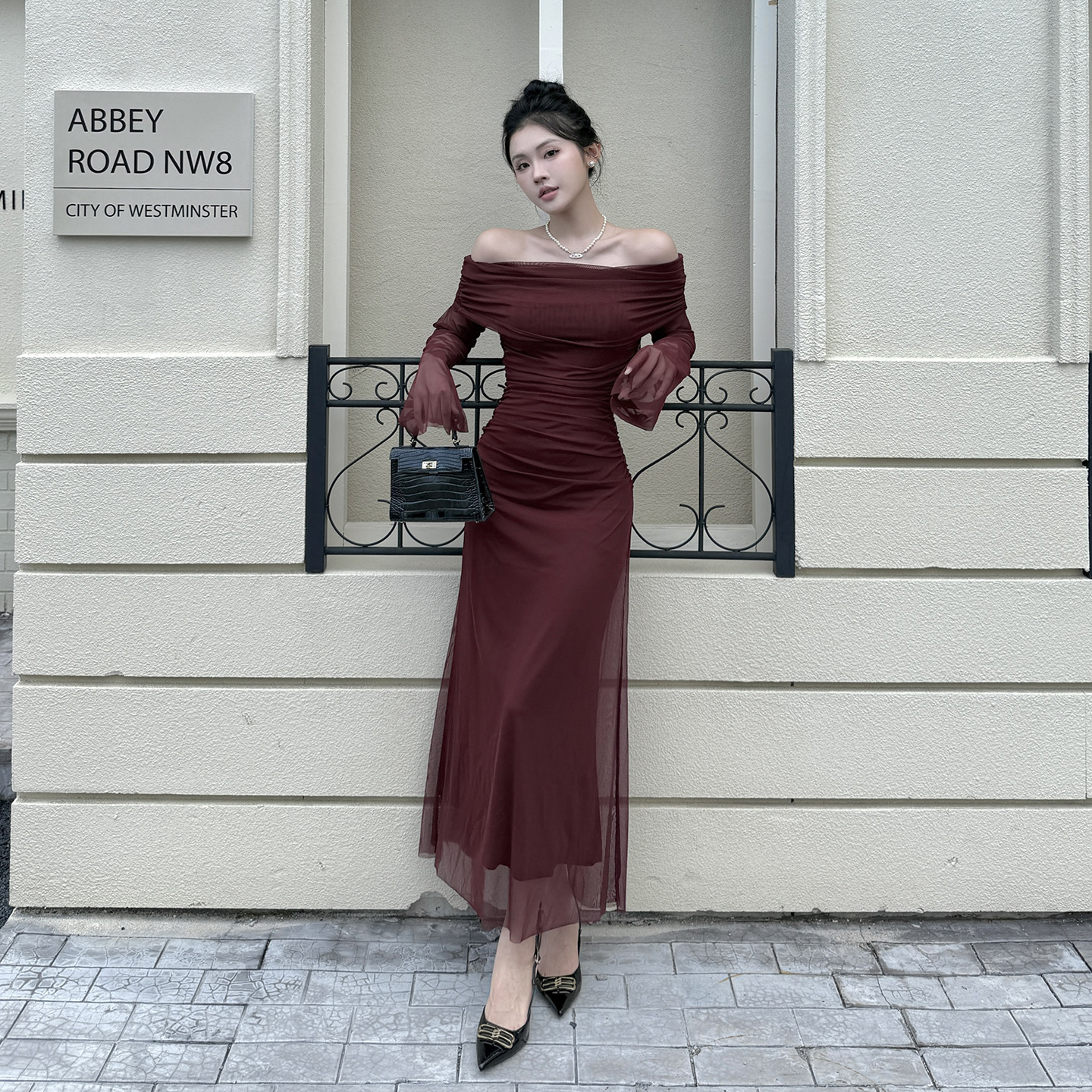 Asymmetric Neckline Three Quarter Sleeve Spandex Pencil Dress