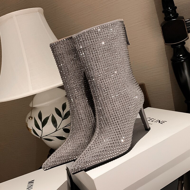 Women's Rhinestone High Heel Booties Fall New Pointed Toe Mid Boots 8.5cm High Heel Black Rhinestone Side Zipper Boots Size 39