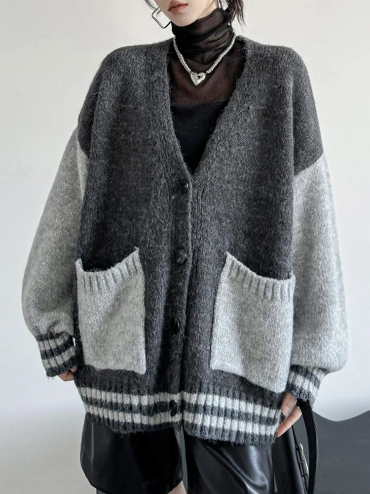 Two-Tone Oversized Deep V Cardigan