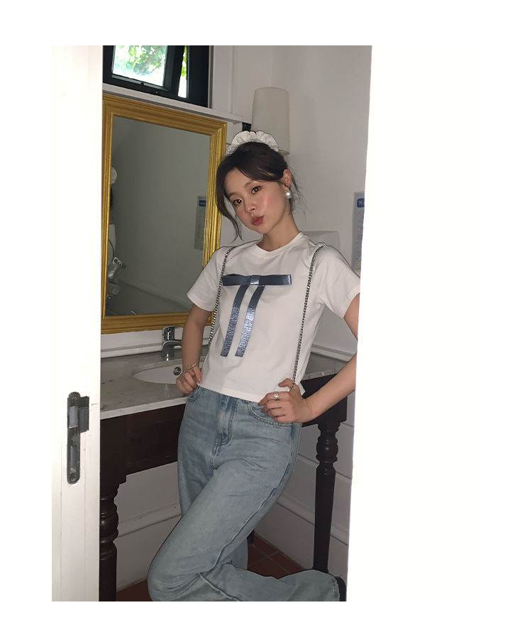 Ladies' Body-Hugging Round Neck Tie Front T-shirt