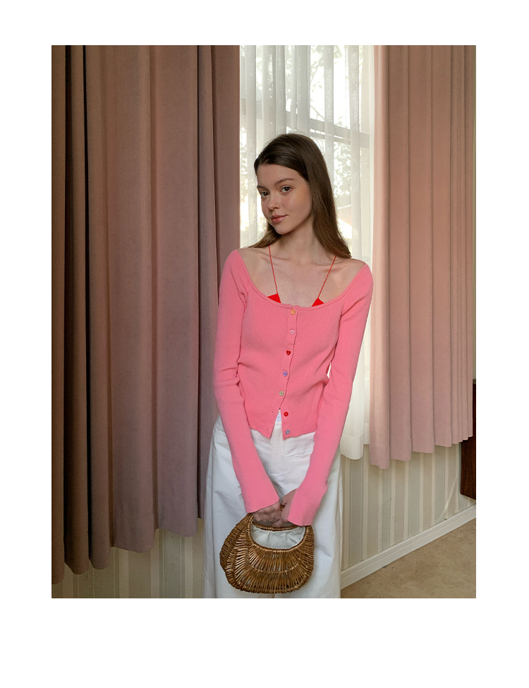 Solid Button Front Scoop Collar Long Sleeve Cardigan