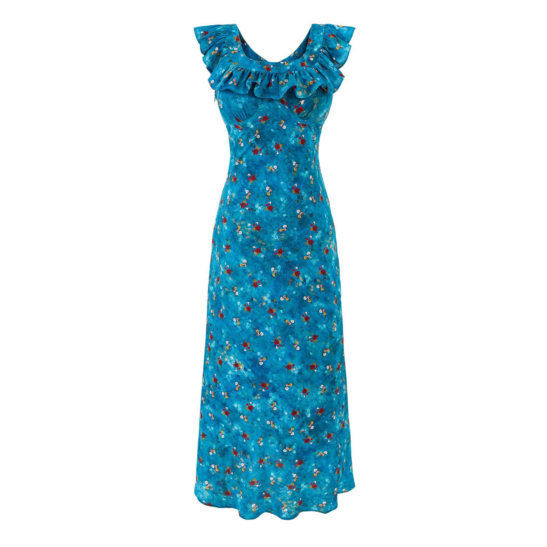 Ruffled Hem Blue Base Floral Print Waist-Cinched Dress