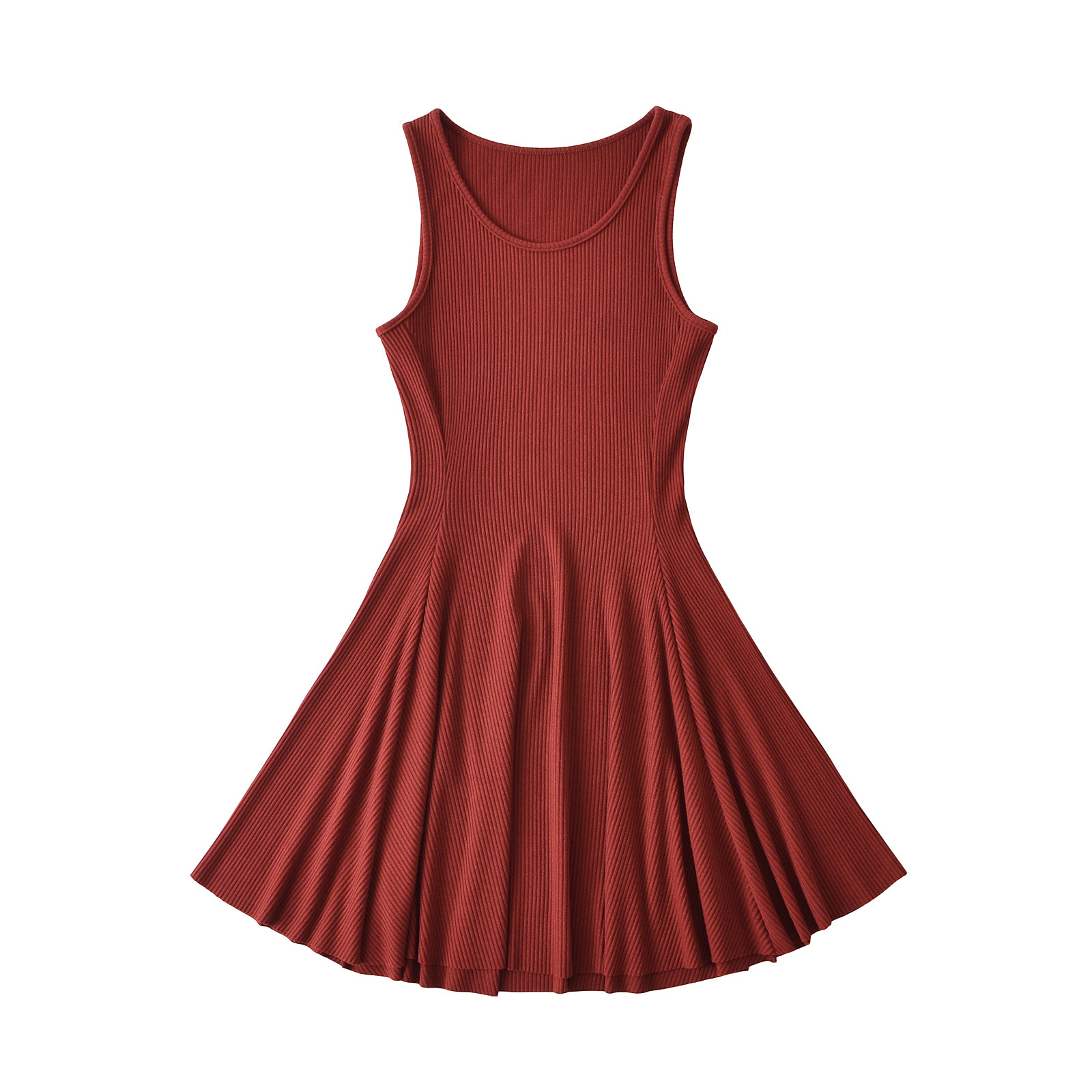Round Neck Solid Waistline Flared A-Line Dress Short Skirt