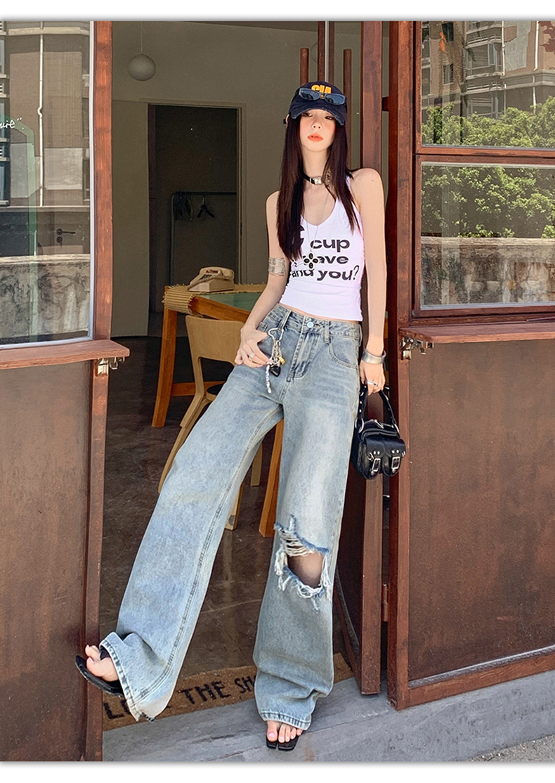 Light Blue Distressed Wide-Leg Jeans Women Retro Design Loose Straight Pants High Street