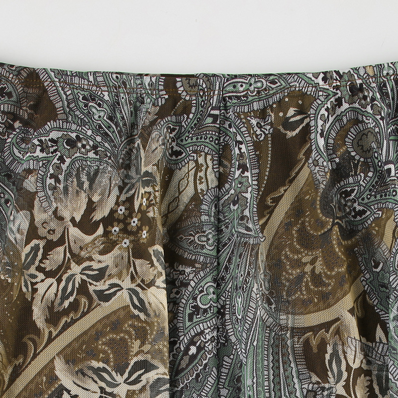 Retro Ink Green Gradient Lace Splicing Printed Skirt Irregular Knitted Midi Skirt Forest Style Girl