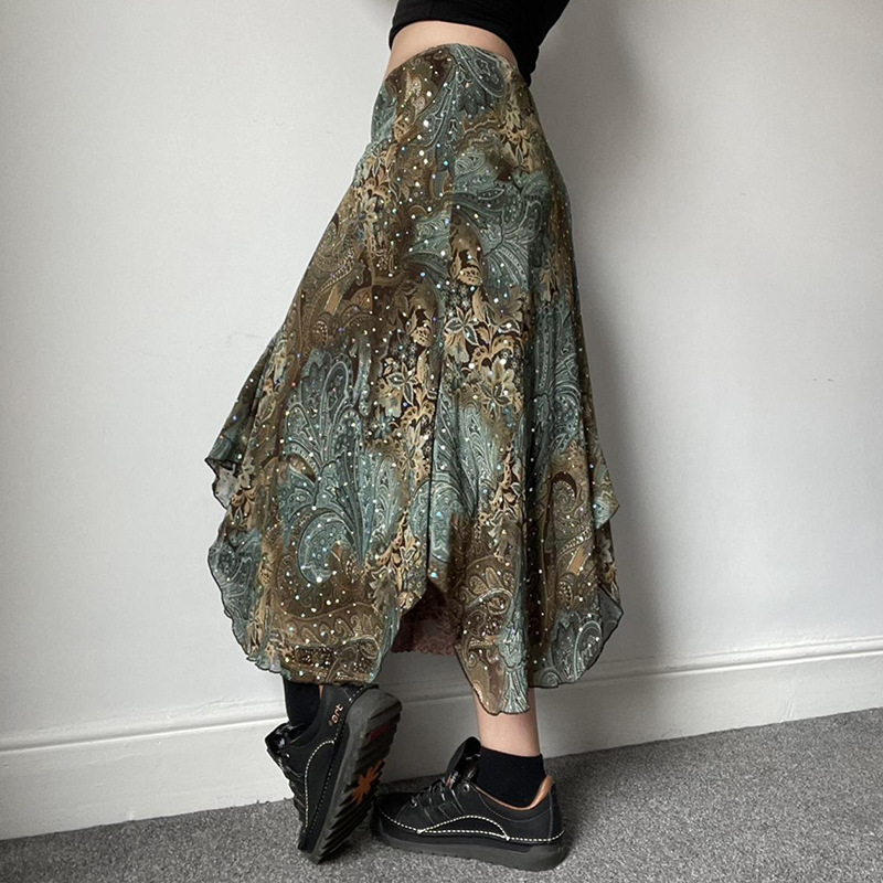 Retro Ink Green Gradient Lace Splicing Printed Skirt Irregular Knitted Midi Skirt Forest Style Girl