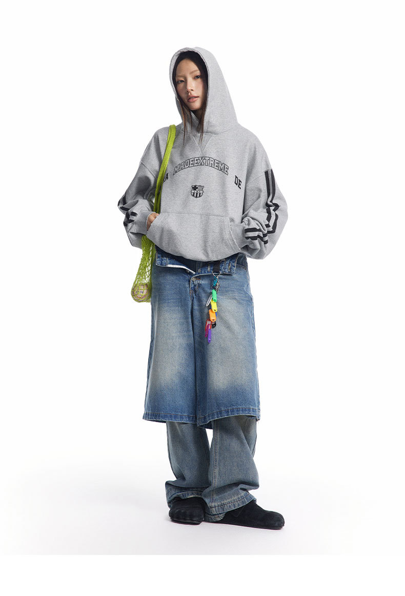 Vintage Letter Print Loose Fit Casual Hooded Sweatshirt