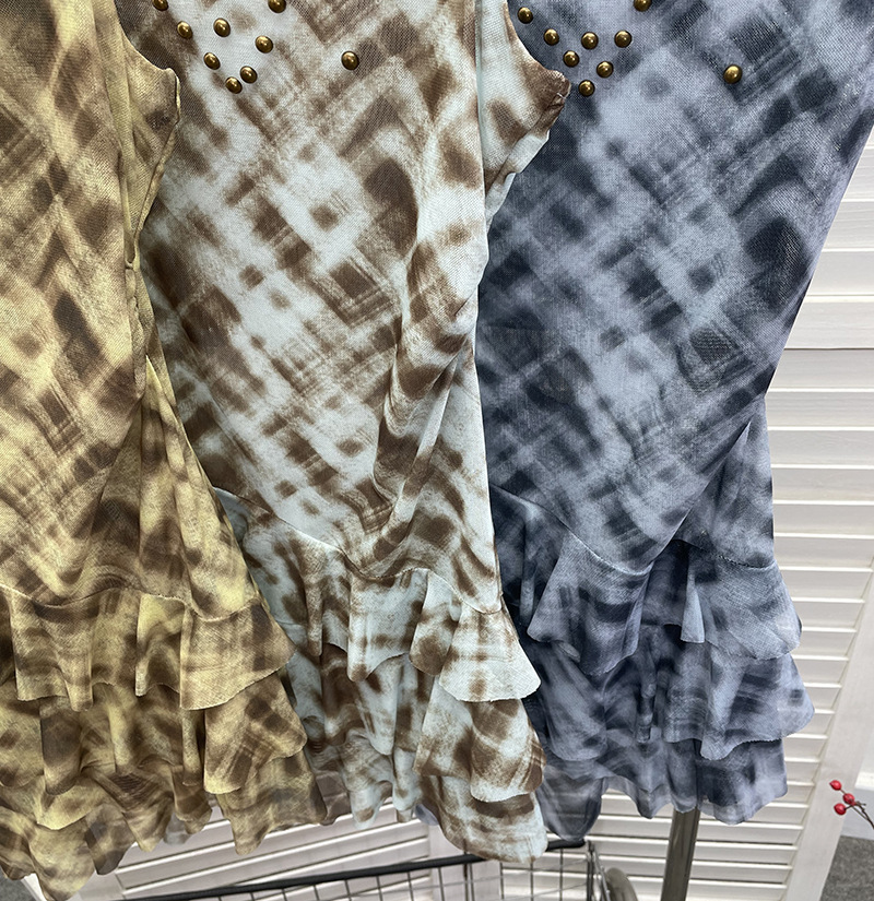 Irregular Rivet Mesh Camisole Dress with Ruffle Strap Sleeveless Top