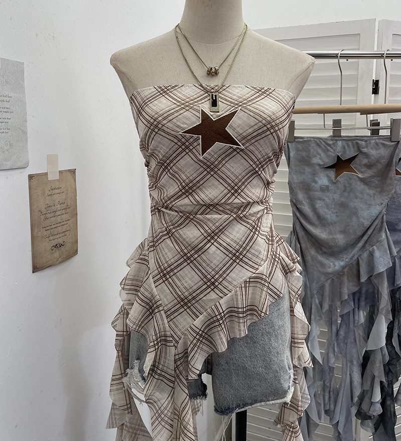 Sultry Asymmetric Plaid Mesh Strapless Top