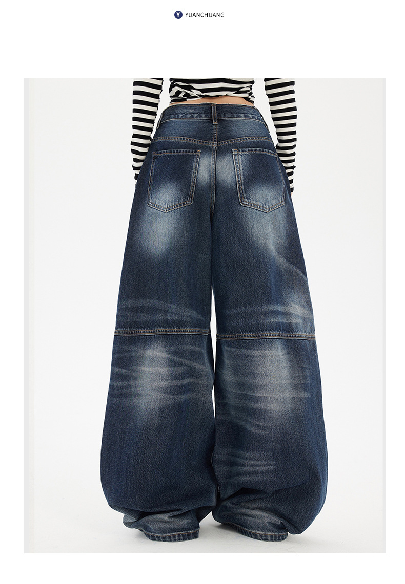 Women's Wide-Leg Jeans Washed Blue Pear-Shaped Slant Pants