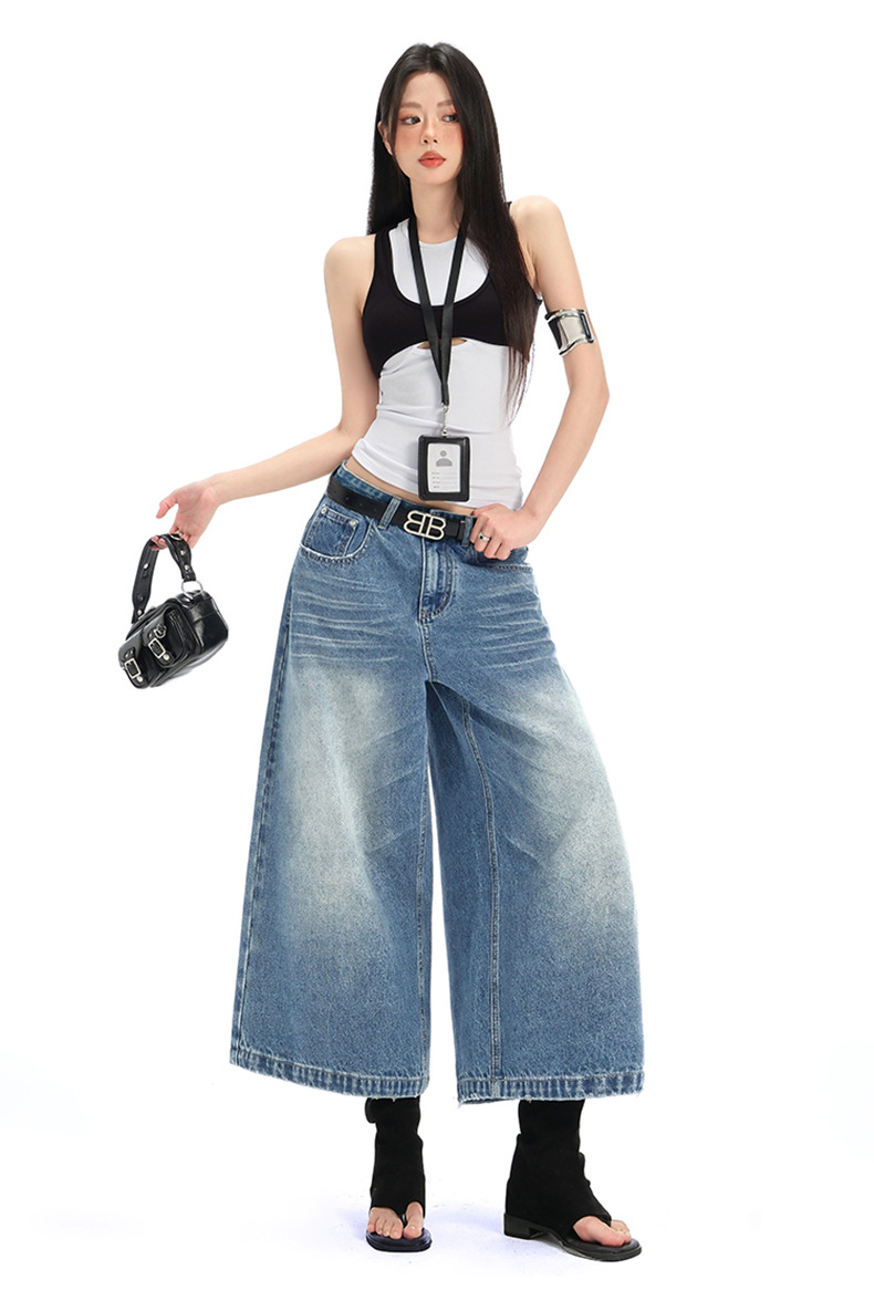 Denim Cropped Pants for Women High Street Relaxed Fit Straight Leg Wide-Leg Mid-Length Pants