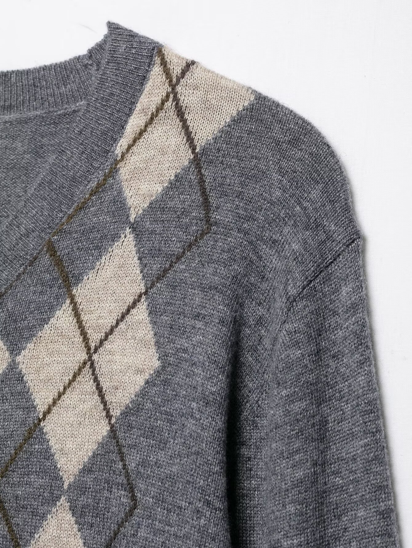 Crew Neck Button Front Geometric Print Polyester Sweater