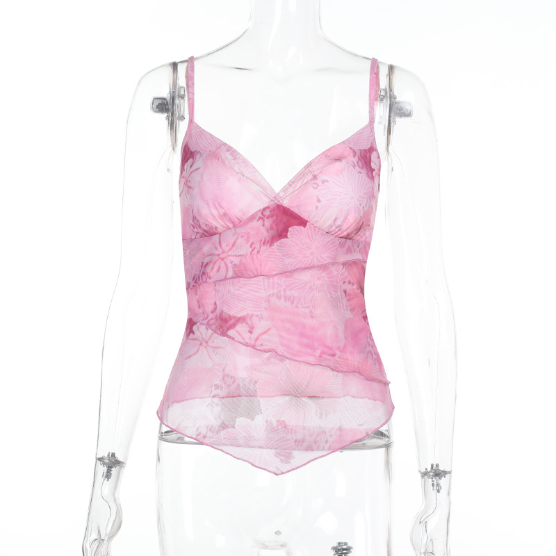 Patterned Chiffon Tank Scalloped Trim Belted Overlay