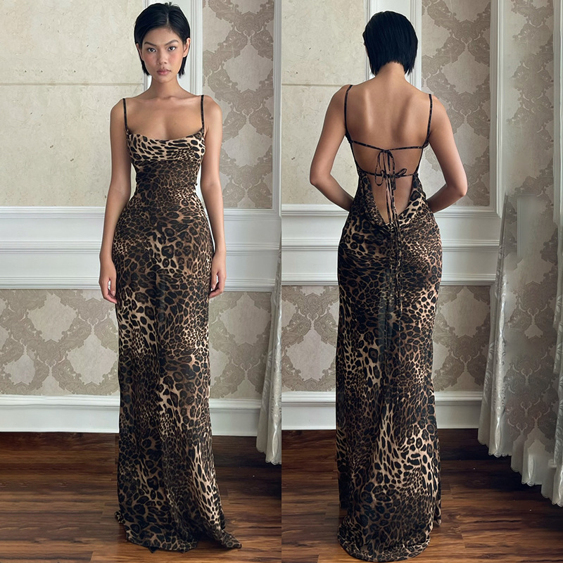 Hooded Sleeveless Leopard Print Open Back Polyester Dress