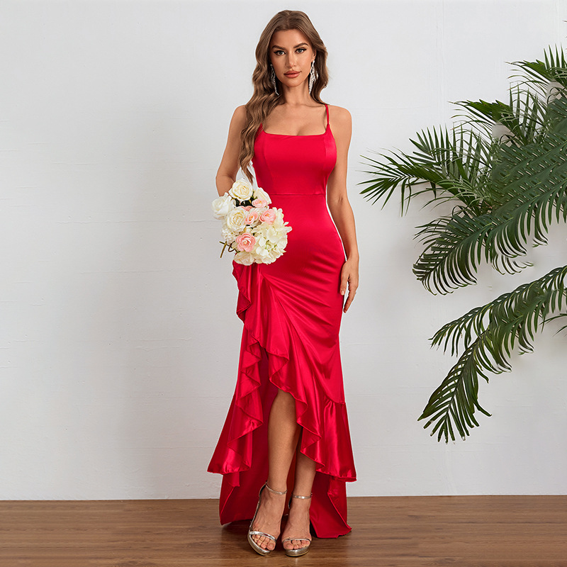 One-Shoulder Sleeveless Flounced Hem Polyester Spandex Dress