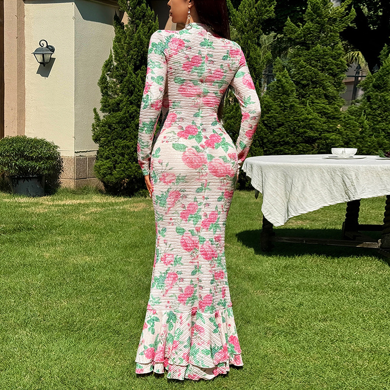 Fitted Maxi Patterned Mock Neck Full-Sleeve Dress