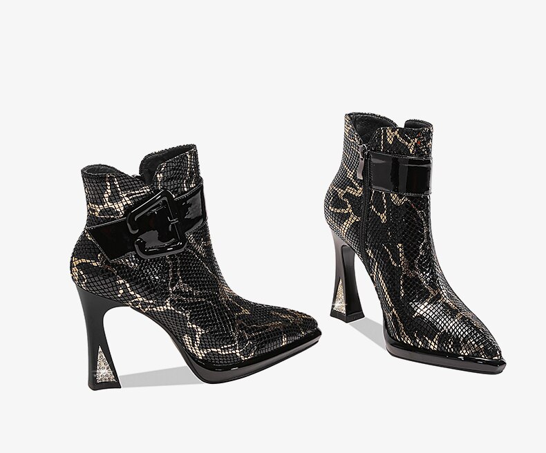 Brand Women's Ankle Booots Autumn Winter Shoes Genuine Leather Sexy High Heels Pointed Toe Gold Silver Dress Party Shoes