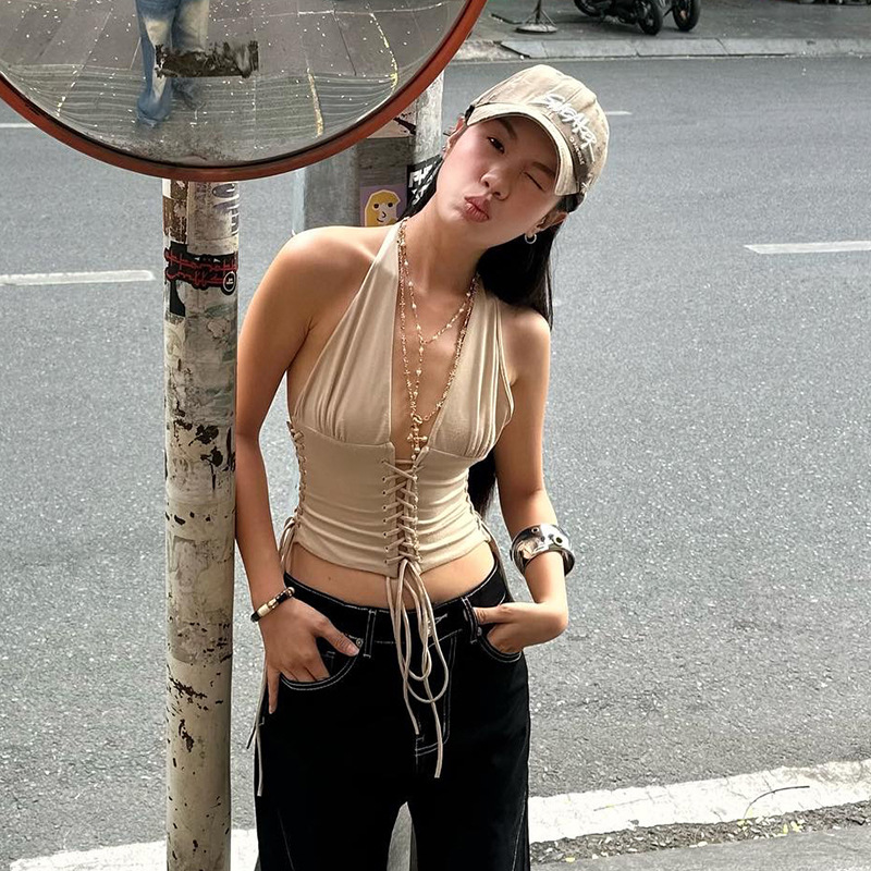 Deep V-belt vest hanging neck slim fit versatile top for women