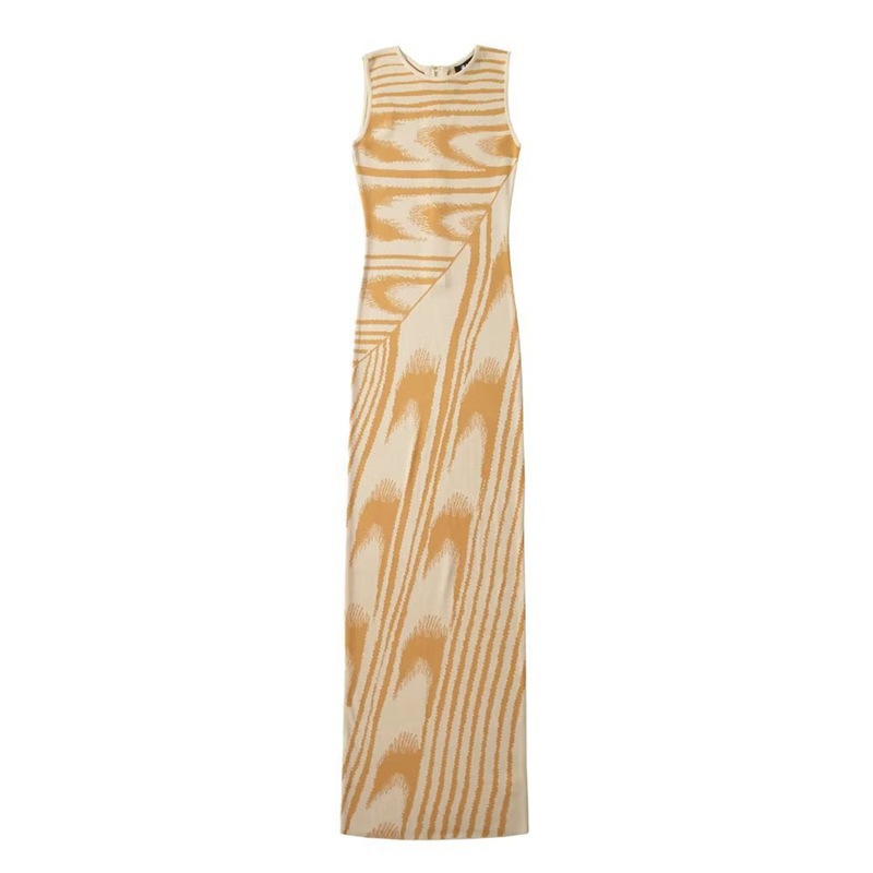 Women's Clothing Abstract Pattern High Waist Slim Round Neck Zipper Sleeveless Bodycon Dress