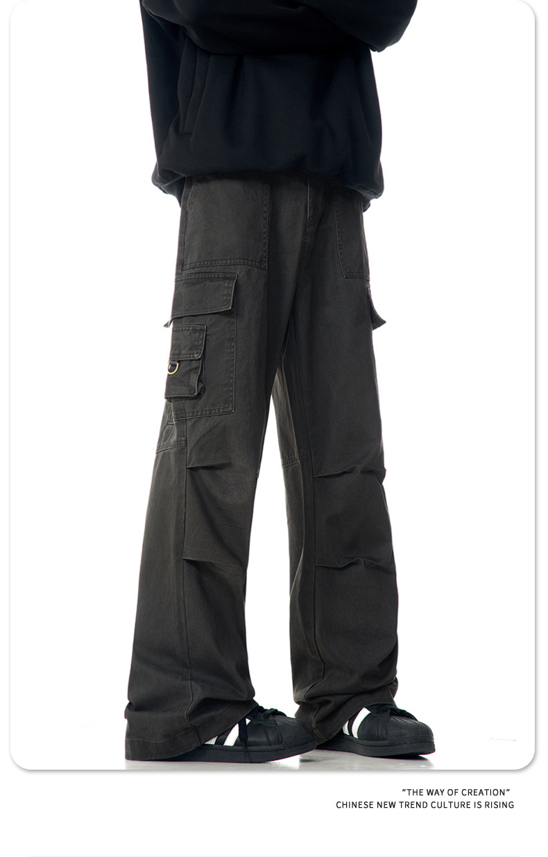 Faded Vintage Pleated Trendy Loose Fit Straight Leg Wide Leg Casual Trousers for Men and Women