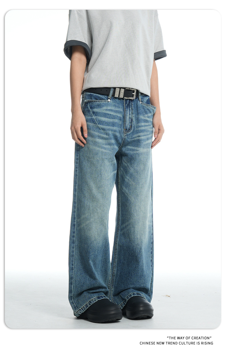 Denim Pants for Men and Women, Water-Washed Vintage Loose Fit Casual Wide-Leg Straight Leg Jeans