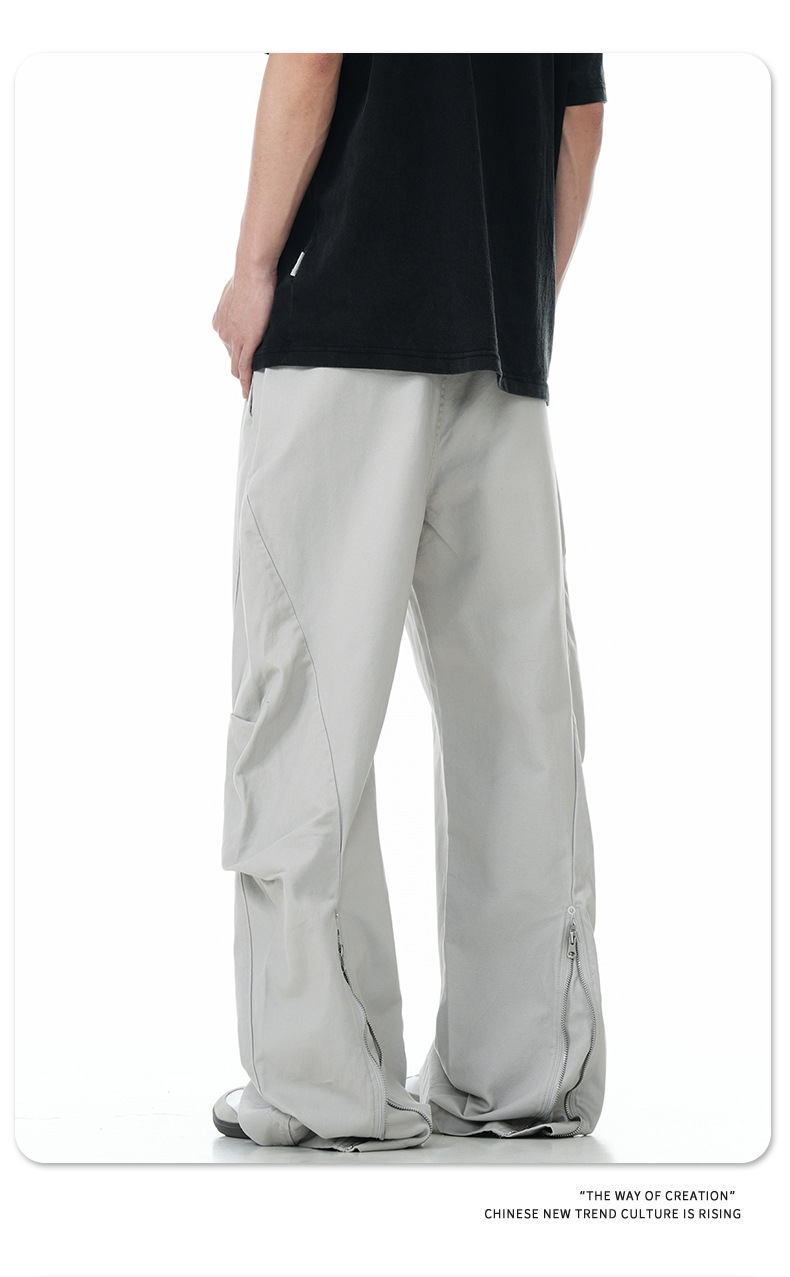 Work Pants Men Simple Cuff Zipper Design Loose Wide Leg Slim Fit Versatile Long Trousers Trendy