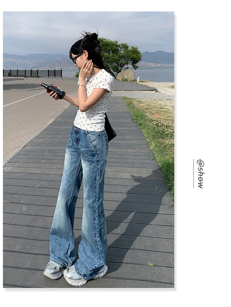 Women's Cracked Wide-Leg Jeans Summer Loose Drape Bell-Bottom Pants