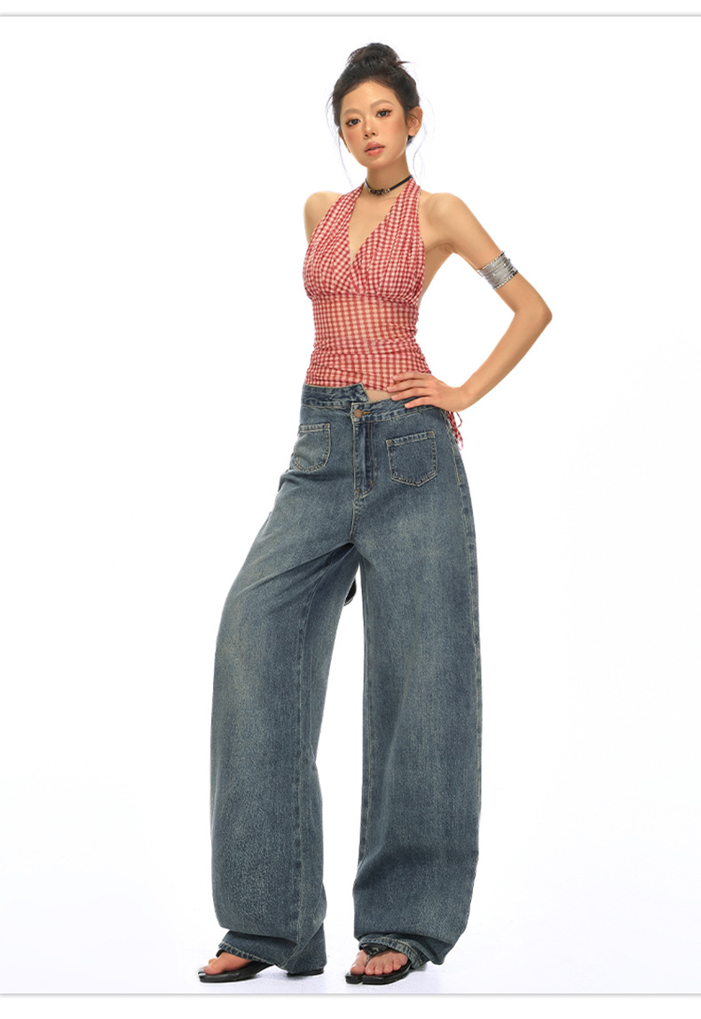 Blue High-Waisted Straight Leg Jeans for Women Loose Wide-Leg Pants Summer
