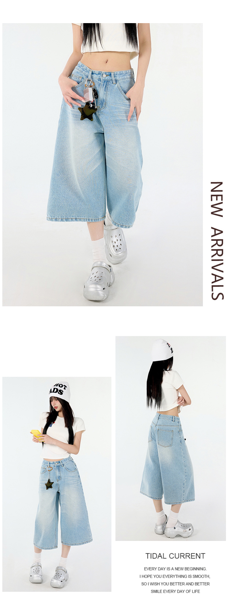 Design Creased 7/8 Length Jeans Women Summer Loose Wide-Leg Casual Lazy Mid-Length Pants