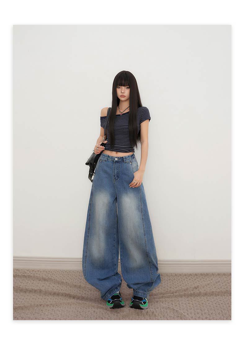 Deconstructed Knife-Edge Denim Pants for Women High-Waisted Wide-Leg Pants