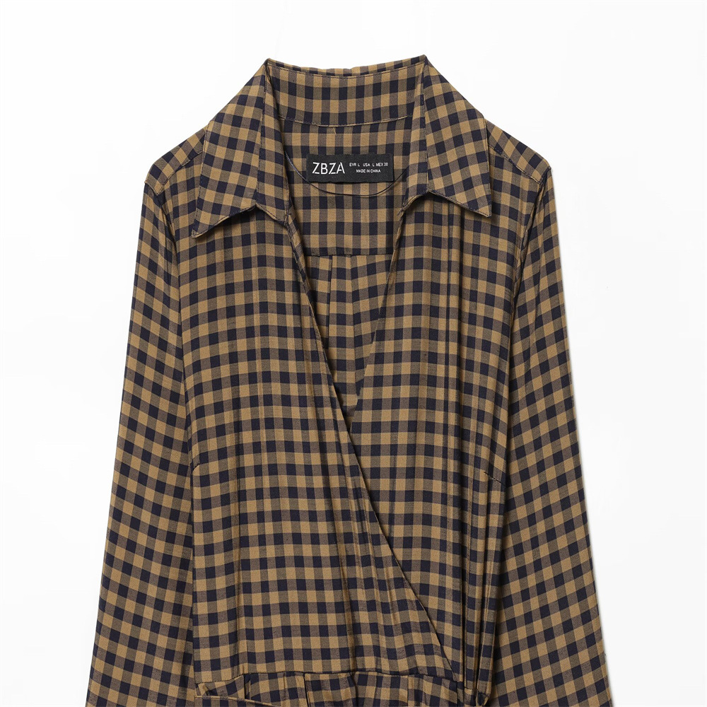 Collar long sleeved plaid waistband shirt dress for women